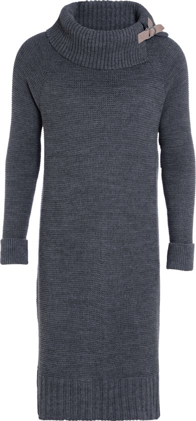 Knit Factory Jamie Gebreide Dames Jurk - Trui jurk dames - Wollen jurk - Herfst- & winterjurk - Wijde jurk - Met warme opstaande kraag - Antraciet - 40/42 - Knielengte