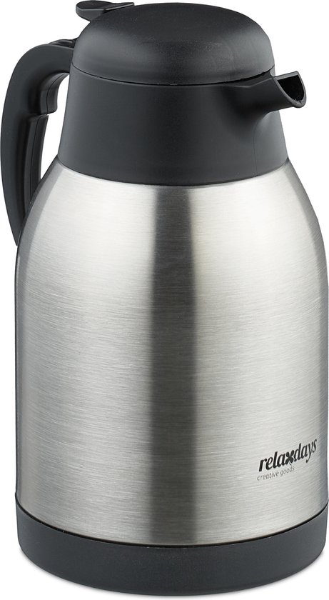 Foto: Relaxdays thermoskan 2 liter rvs voor koffie en thee met drukknop en handgreep zilver