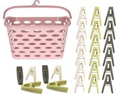 Wasknijpers ophangmandje met haak - roze - en 80x gekleurde wasknijpers van 6 cm - was ophangen