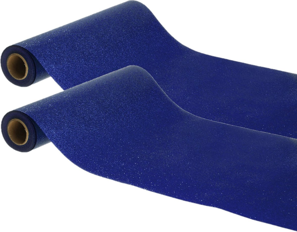 Chaks Tafelloper op rol - 2x - donker blauwe glitter - 30 x 500 cm - polyester
