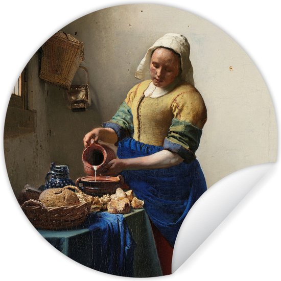WallCircle - Muurstickers - Behangcirkel - Het melkmeisje - Schilderij van Johannes Vermeer - 140x140 cm - Muurcirkel - Zelfklevend - Ronde Behangsticker