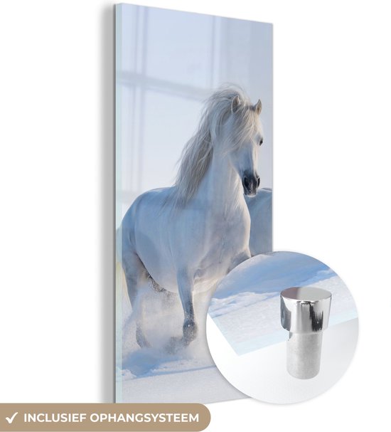 MuchoWow® Glasschilderij 20x40 cm - Schilderij acrylglas - Winter - Paarden - Sneeuw - Foto op glas - Schilderijen