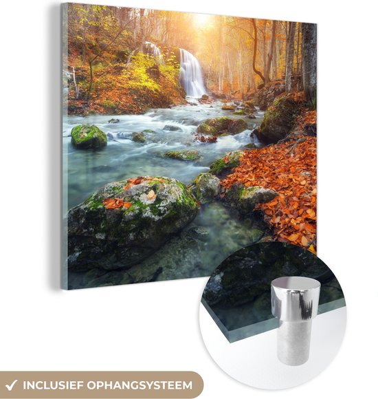 MuchoWow® Glasschilderij 90x90 cm - Schilderij acrylglas - Natuur - Zon - Herfst - Foto op glas - Schilderijen