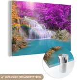 MuchoWow® Glasschilderij 90x60 cm - Schilderij acrylglas - Waterval - Bomen - Regenboog - Paars - Foto op glas - Schilderijen