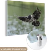MuchoWow® Glasschilderij 180x120 cm - Schilderij acrylglas - Vogel - Kraai - Water - Foto op glas - Schilderijen