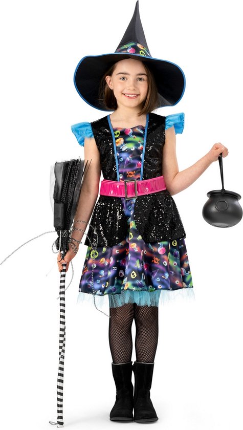 Funny Fashion - Heks & Spider Lady & Voodoo & Duistere Religie Kostuum - Heks Magische Portia - Meisje - Blauw, Zwart - Maat 104 - Carnavalskleding - Verkleedkleding