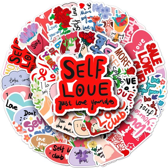 Zelfliefde Stickers – 50 stickers met Hartjes en Lieve Quotes voor jezelf – Roze/Rood Stickermix