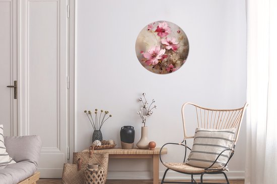 WallCircle - Wandcirkel bloemen olieverf 30x30 cm - Roze ronde schilderijen woonkamer - Wandbord kleurrijk rond - Muurdecoratie abstracte kunst - Kamer accessoires binnen - Roze decoratie - Wanddecoratie muurcirkel - Woonaccessoires