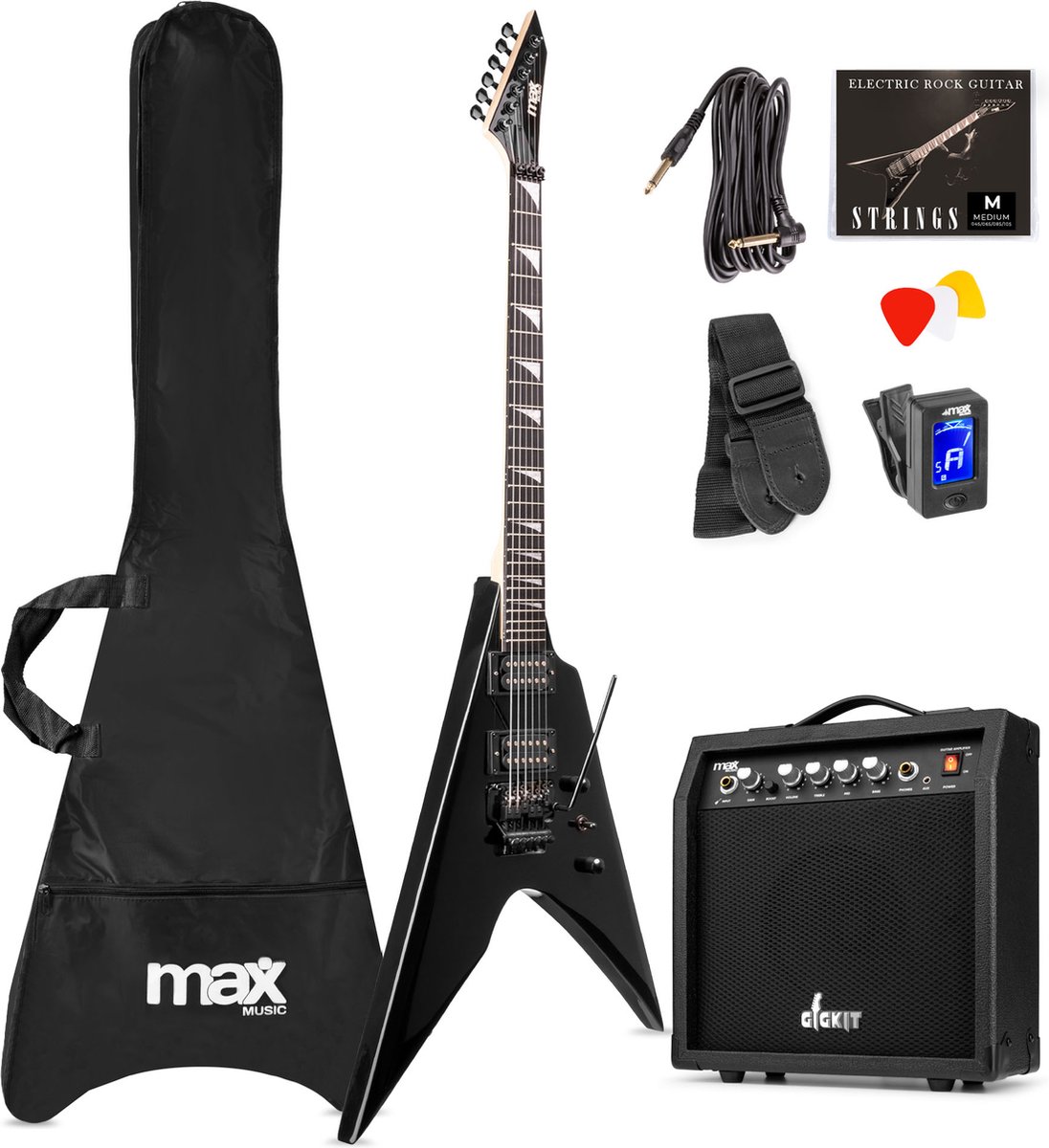 Max GigKit Rock V-stijl Elektrische gitaar set met 40 Watt versterker en accessoires