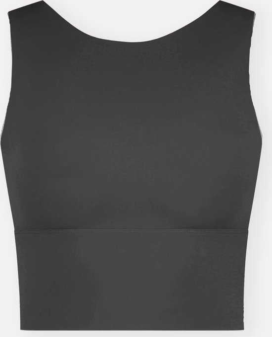 Zwart sport T-shirt, zijaanzicht. Hoge hals en brede band onderaan.