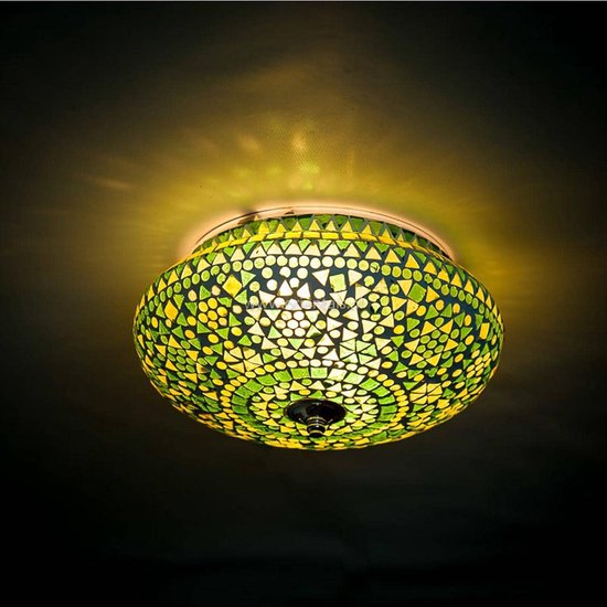 Plafonnier oriental en mosaïque | ⌀ 25 cm | verre / métal | vert | table à manger / lampe de salon | design indien rural / traditionnel