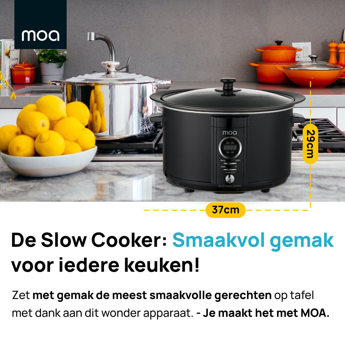 MOA 6,5L Slowcooker met Timer - 3 Warmtestanden - Ø 24,5cm - BPA-vrij - Aluminium Binnenpan - Doorzichtige Deksel - Vaatwasserbestendig - Zwart – foto 4