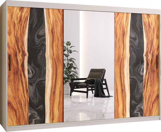 Zweefdeurkast met spiegel Kledingkast met 3 schuifdeuren Garderobekast slaapkamerkast Kledingstang met planken (LxHxP): 250x200x60 cm - Natural II (Wit, 250) met lades