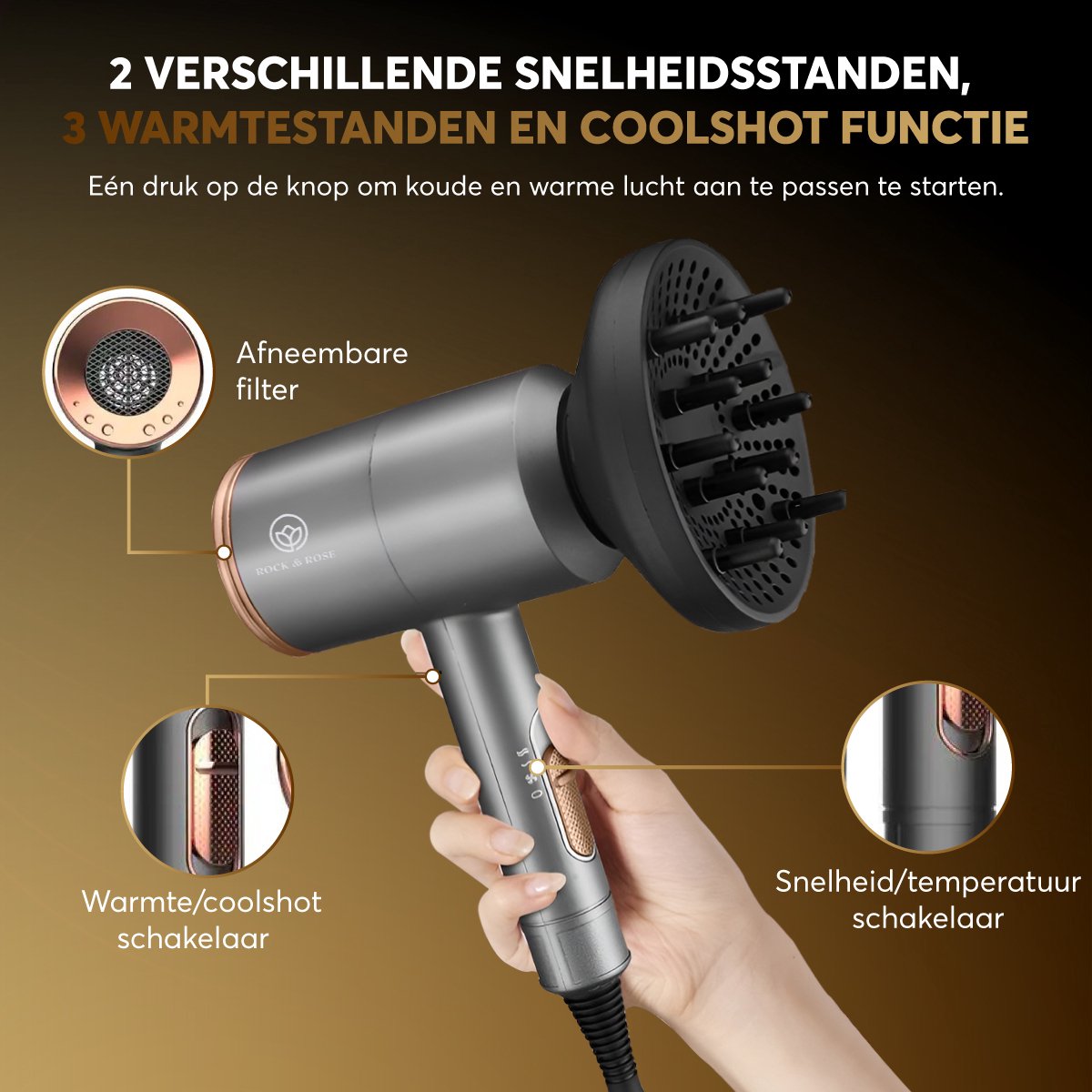 Rock&Rose Fohn met diffuser - 3 Standen - afbeelding 2