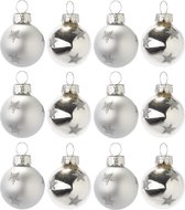 BRUBAKER 12 Stuks Kerstballen - 3 cm kerstbal Set - Handversierde Kerstboomversiering Mini-Ballen Met Glittersterren Voor Kerstboom - Kerstballen Van Glas - Zilver