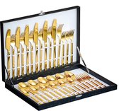 Bestekset goud, 30-delige bestekset van roestvrij staal 18/10, bestek voor 6 personen met geschenkdoos, besteksets met mes, lepel en vork, spiegelgepolijst, vaatwasmachinebestendig