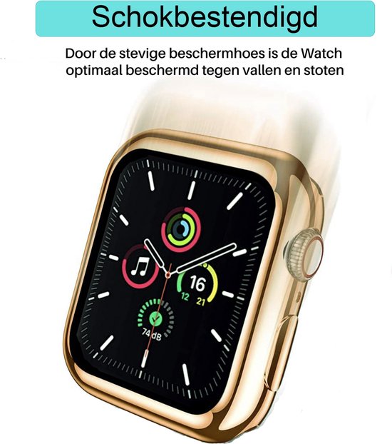 Schokbestendig gouden Apple Watch hoesje dat de wijzerplaat van de watch toont.