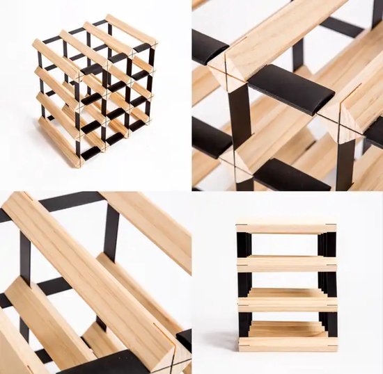 Collage van afbeeldingen die de details van een houten en metalen wijnrek tonen.