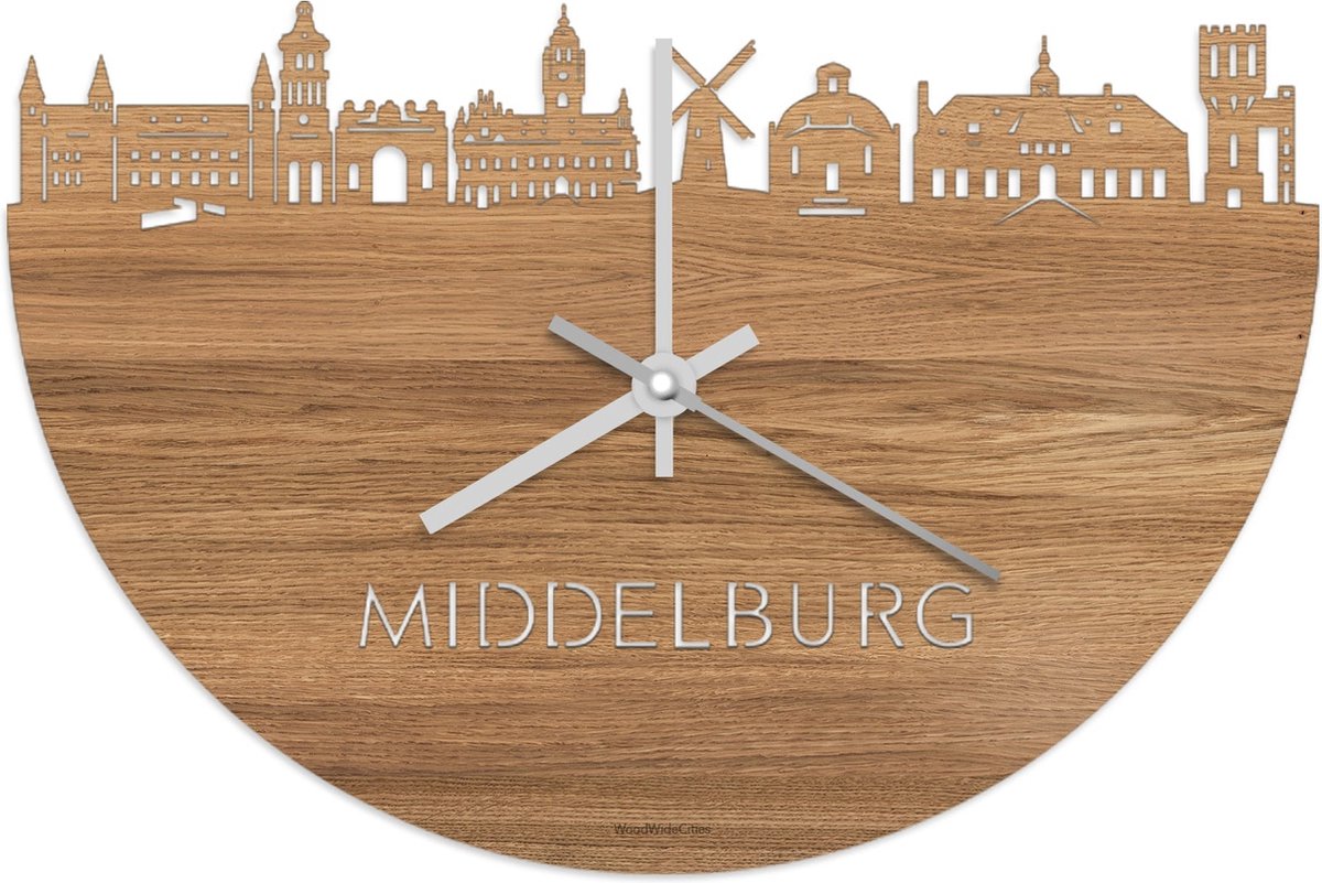 Skyline Klok Middelburg Eikenhout - Ø 40 cm - Stil uurwerk - Wanddecoratie - Meer steden beschikbaar - Woonkamer idee - Woondecoratie - City Art - Steden kunst - Cadeau voor hem - Cadeau voor haar - Jubileum - Trouwerij - Housewarming -