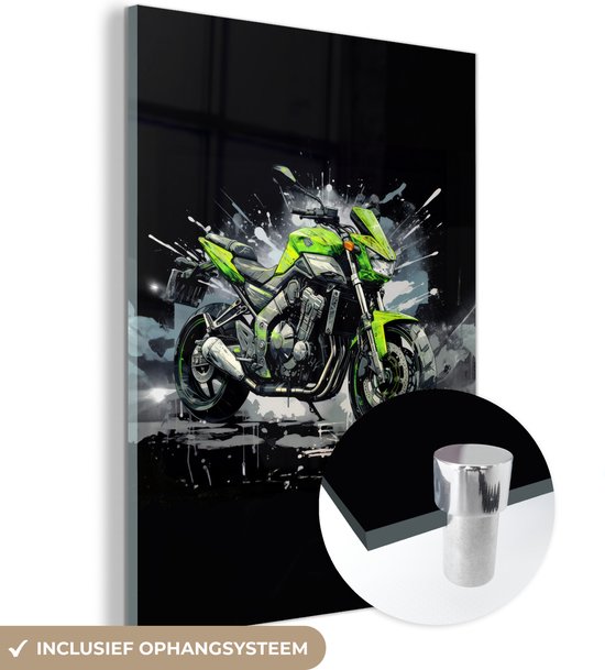 MuchoWow® Glasschilderij 90x120 cm - Schilderij glas - Motor - Bike - Groen - Zwart - Grijs - Graffiti - Foto op acrylglas - Schilderijen