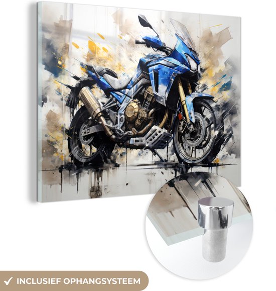 MuchoWow® Glasschilderij 80x60 cm - Schilderij glas - Motor - Bike - Graffiti - Pastel - Blauw - Wit - Goud - Foto op acrylglas - Schilderijen