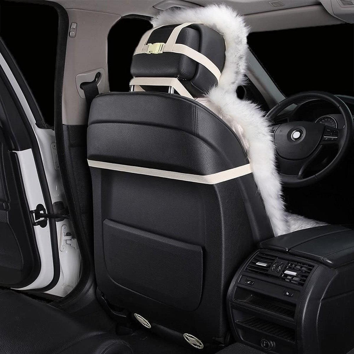 Schapenvacht Autostoelhoes Echte Schapenhuid Autostoelhoezen Voor Auto Suv Vrachtauto Voorstoelen, Universele Pasvorm (Één Stuk) (Color : Black