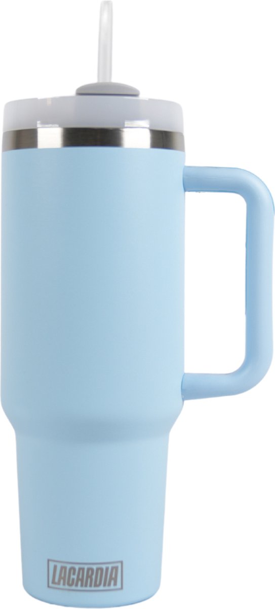 Lacardia Tumbler Blauw met handvat en rietje Waterfles Thermosbeker drinkfles 1 2 Liter Lichtblauw