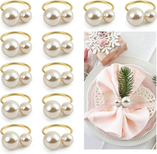 12 servetringen gouden servettengesp met parels, servettenhouder, vintage tafeldecoratie voor bruiloft, feest, Kerstmis, verjaardag - Merkloos