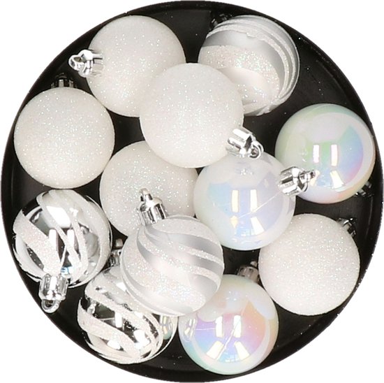 Atmosphera Boules de Noël 12x - nacre blanche/argent - 4 cm - plastique
