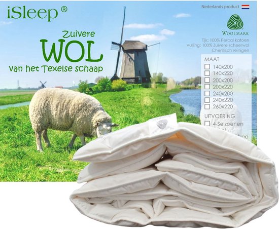 iSleep Wollen Dekbed - Enkel (Warmteklasse 2) - 100% Wol - Litsjumeaux - 240x200 cm