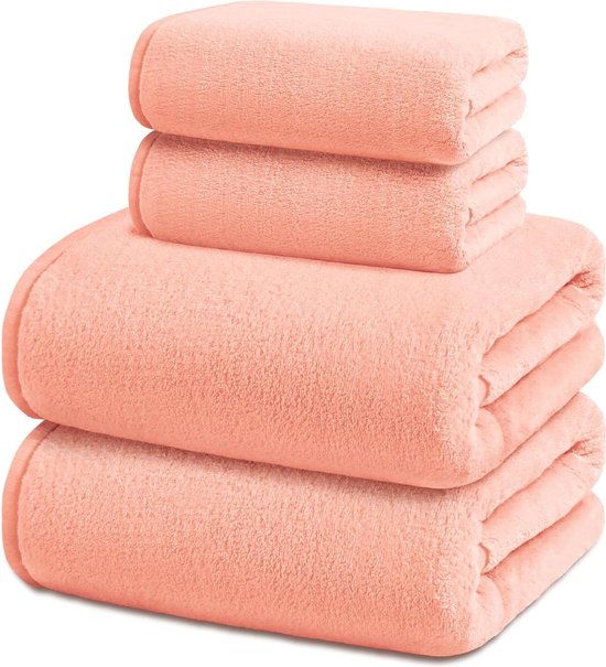 Set of 4 Hand Towels - 2 Bath Towels 70 x 140 cm and 2 Hand Towels 40 x 70 cm, Large Terry Towels, Absorbent and Soft, Pink