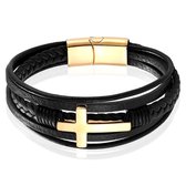 Mendes Jewelry Roestvrijstalen en Echt Lederen Heren Armband met Groot Kruis in Zwart en Goud-21cm