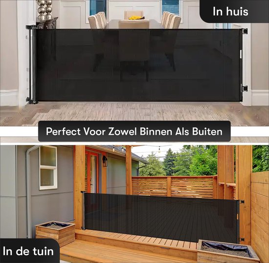 Zwart oprolbaar hekje binnenshuis (boven) en in de tuin (onder).