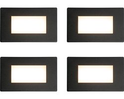 HOFTRONIC - Set van 4 Dillon Wand Inbouwspots Zwart - Trapverlichting - 3 Watt 340 Lumen - 3000K Warm wit licht - IP54 waterdicht - 107x66x25mm