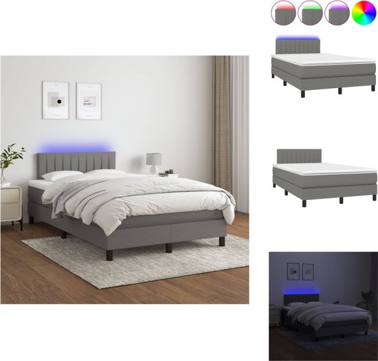 vidaXL Boxspring - LED verlichting - Duurzaam materiaal - Verstelbaar hoofdbord - Pocketvering matras - Huidvriendelijk topmatras - Kleur- donkergrijs - Afmetingen- 203 x 120 x 78/88 cm - Bed