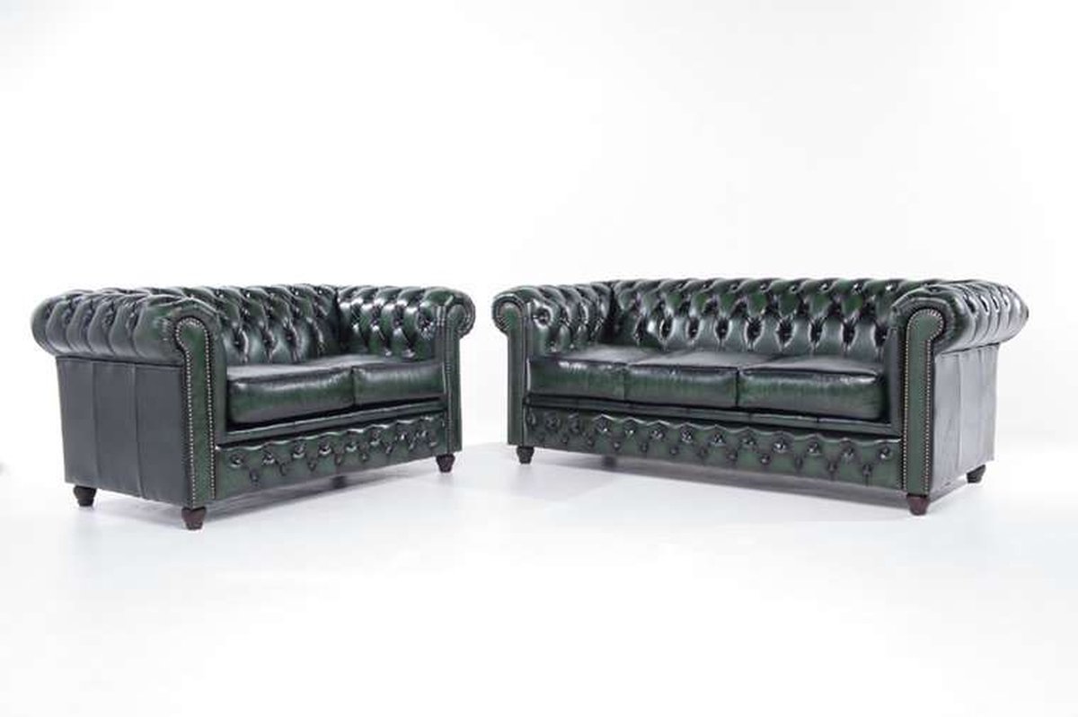 Chesterfield Bank Original Leer | 2 + 3 zits | Antiek Groen| 12 jaar garantie
