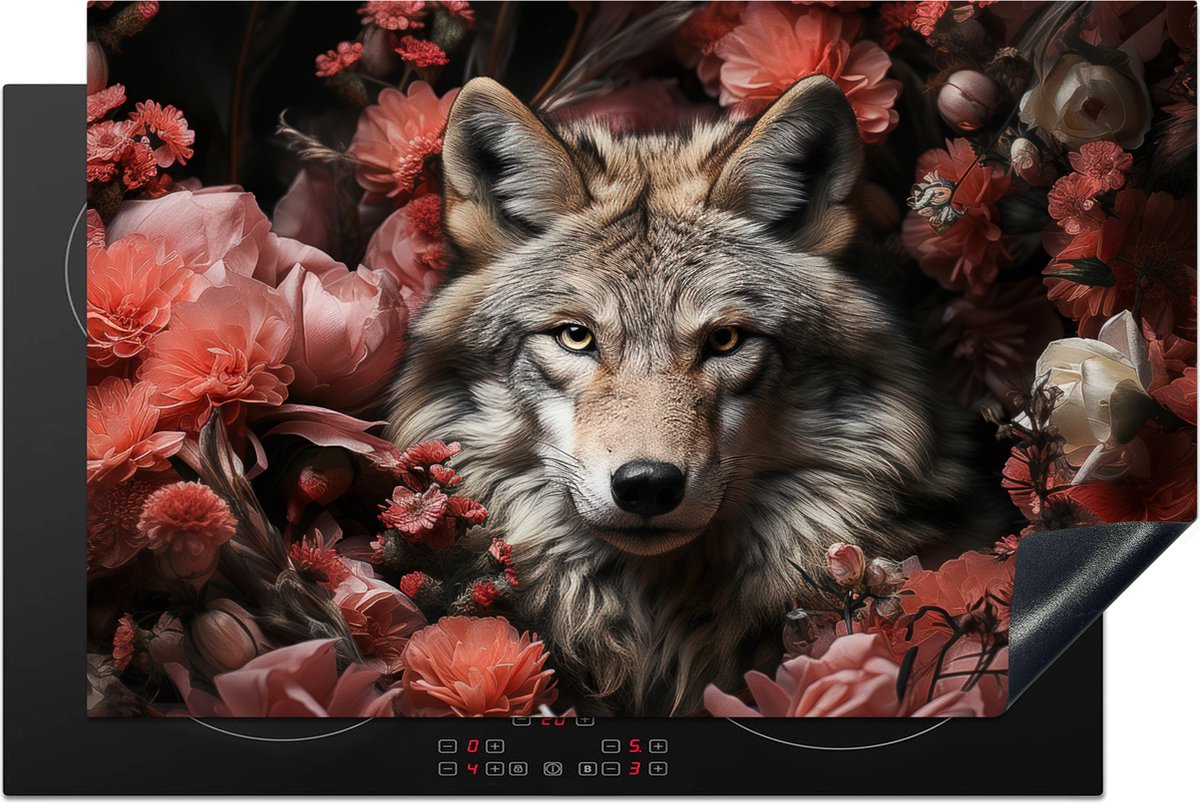 KitchenYeah® Inductie beschermer 81.2x52 cm - Wolf - Dier - Bloemen - Botanisch - Natuur - Fantasie - Kookplaataccessoires - Afdekplaat voor kookplaat - Inductiebeschermer - Inductiemat - Inductieplaat mat