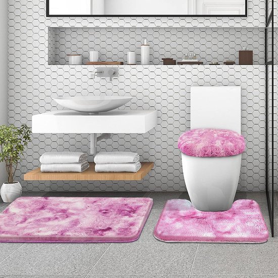 Bathroom Rug Set 3-Piece Non-Slip Washable Bath Mat Set, Faux Fur Fluffy High Pile Absorbent Bath Mat Bath Mat Set with Lid for Toilet Lid, 50 x 80 cm + 50 x 50 cm + 38 x 47 cm (Pink)