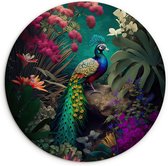 Wandcirkel natuur - Bloemen - Jungle - Pauw - Tropisch - Regenboog - Muurcirkel - Schilderij rond - Wanddecoratie rond - 60x60 cm - Slaapkamer - Ronde schilderijen