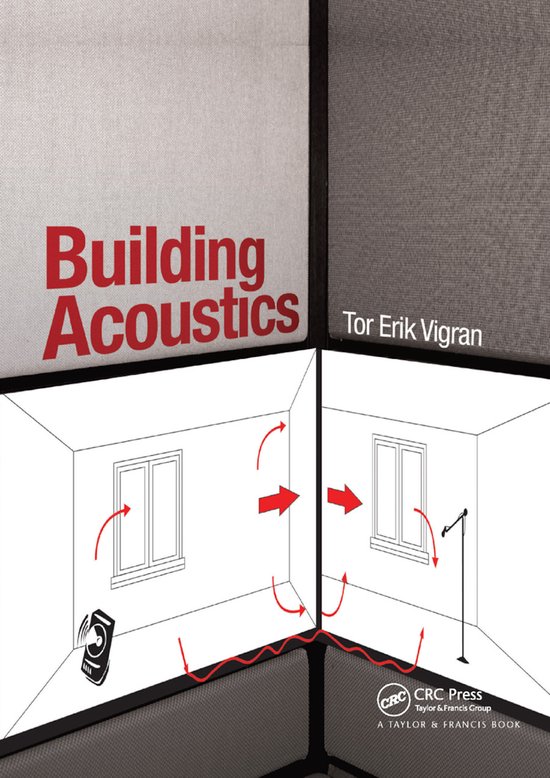 Boek "Building Acoustics" van Tor Erik Vigran. Rood met witte tekst. Diagram van geluidsgolven in een kamer.