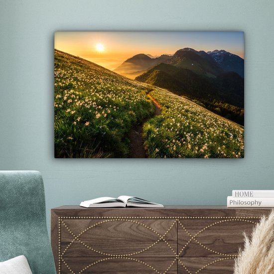 Canvas schilderij 180x120 cm - Wanddecoratie Bloemen - Zon - Bergen - Muurdecoratie woonkamer - Slaapkamer decoratie - Kamer accessoires - Schilderijen