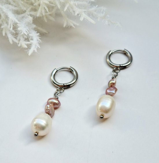 Boucles d'oreilles avec perles - Perles violettes - Perles d'eau douce - Boucles d'oreilles en argent - Boucles d'oreilles avec pendentif - Cadeau pour elle - Acier inoxydable Premium - Boucles d'oreilles pour femme