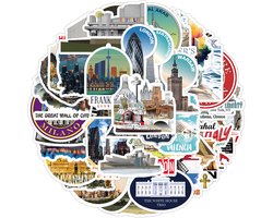 Vakantie Stickers Set - 50 stickers met Steden, Landen, Landmarks en Bekende Gebouwen - Voor reisdagboek, laptop, journal, muur etc. Reizen Kofferstickers
