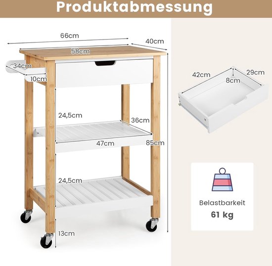 Yaheetech Beweegbare keukeneilanden, keukentrolley op wieltjes, serveerwagen met lade en 3 kasten, werkblad van hout, rolwagen 66 × 45,5 × 91,5 cm, keukentrolley in landelijke stijl, zwart