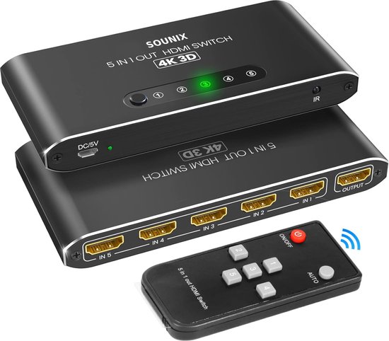 Foto: Sounix hdmi switch met afstandsbediening 5 in 1 uit 4k 3d 1080p 60hz hdmi switch 5 poorts