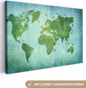 Canvas Wereldkaart - 30x20 - Wanddecoratie Wereldkaart - Perkament - Groen - Kindje - Jongens - Meisjes