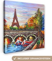 Canvas - Schilderij - Parijs - Water - Eiffeltoren - Stad - Olieverf - 50x50 cm - Muurdecoratie - Interieur
