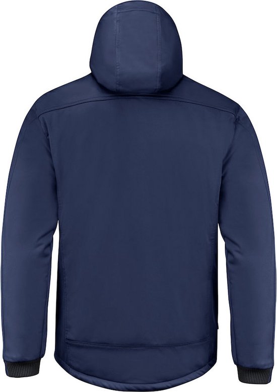 Dos d'une veste d'hiver bleu marine avec capuche et ourlet côtelé.