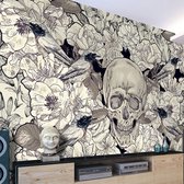 Fotobehangkoning - Behang - Vliesbehang - Fotobehang Schedel en Bloemen - Skull - Inspired by art nouveau - 100 x 70 cm