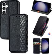Luxe PU Lederen Ruitpatroon Wallet Case + PMMA Screenprotector voor Galaxy S23 FE _ Zwart